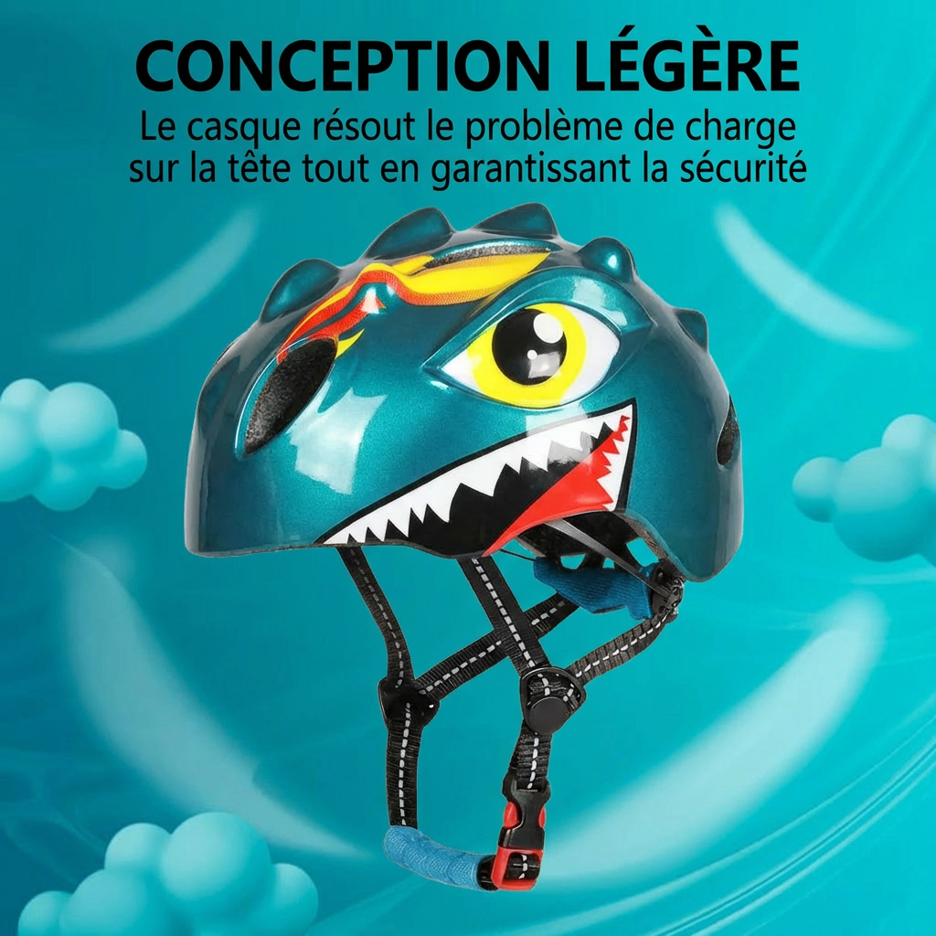 Visuel publicitaire du casque dinosaure vert sarcelle avec le texte "CONCEPTION LÉGÈRE", mettant en avant le confort pour les cervicales de bébé tout en garantissant la sécurité.