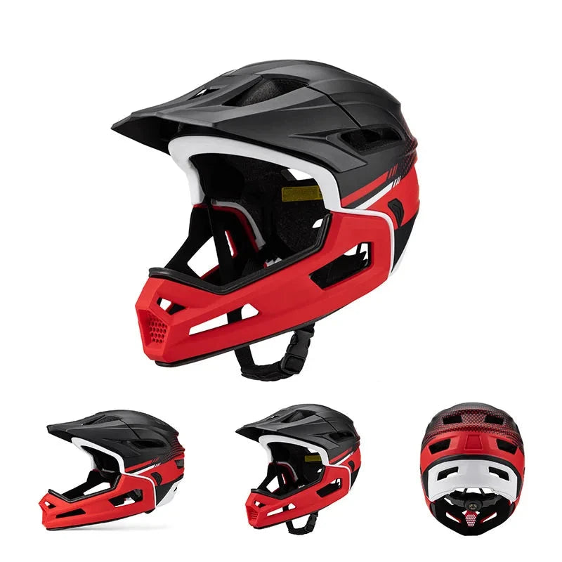 Casque intégral de vélo coloris rouge vif et noir mat, design dynamique pour BMX et descente, avec mentonnière protectrice rouge, visière noire et contour facial