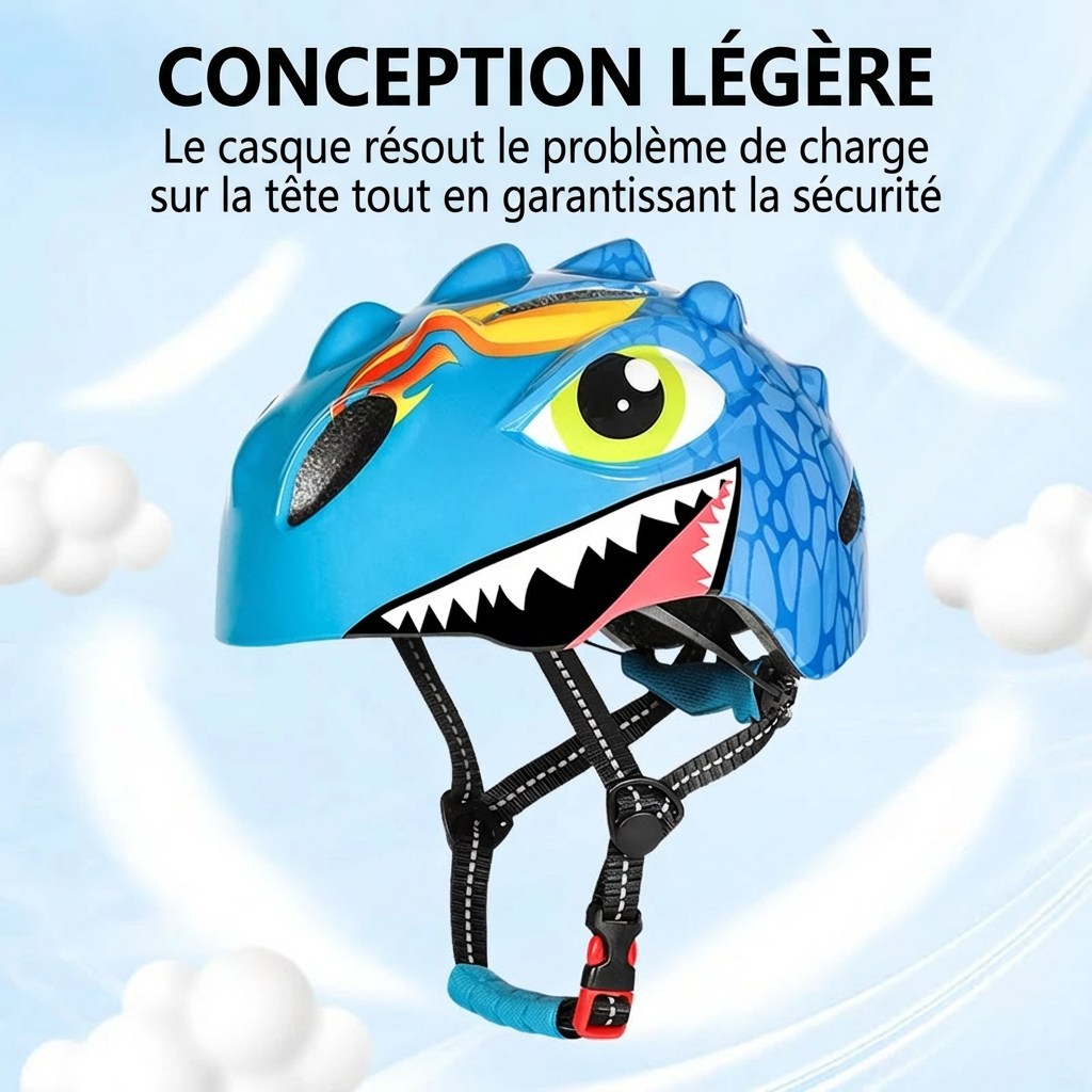 Visuel publicitaire du casque dinosaure bleu avec le texte "CONCEPTION LÉGÈRE", soulignant que le casque est conçu pour ne pas peser sur les cervicales de bébé tout en garantissant sa sécurité.