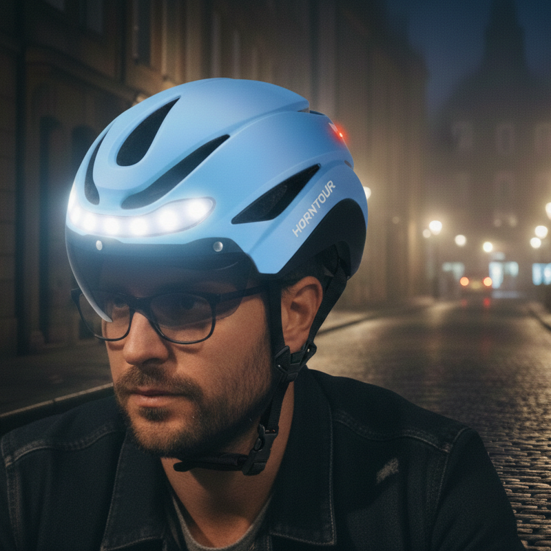 homme portant le casque vélo bleu avec lumière