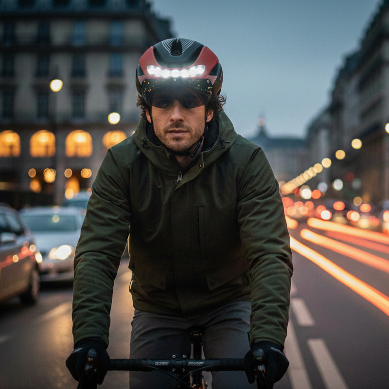 homme portant le casque vélo noir & blanc avec lumière