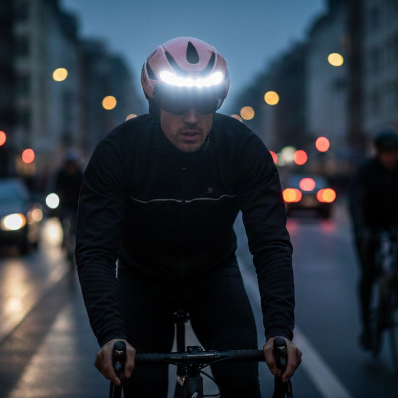 homme portant le casque vélo rose & blanc de face avec la lumière allumer