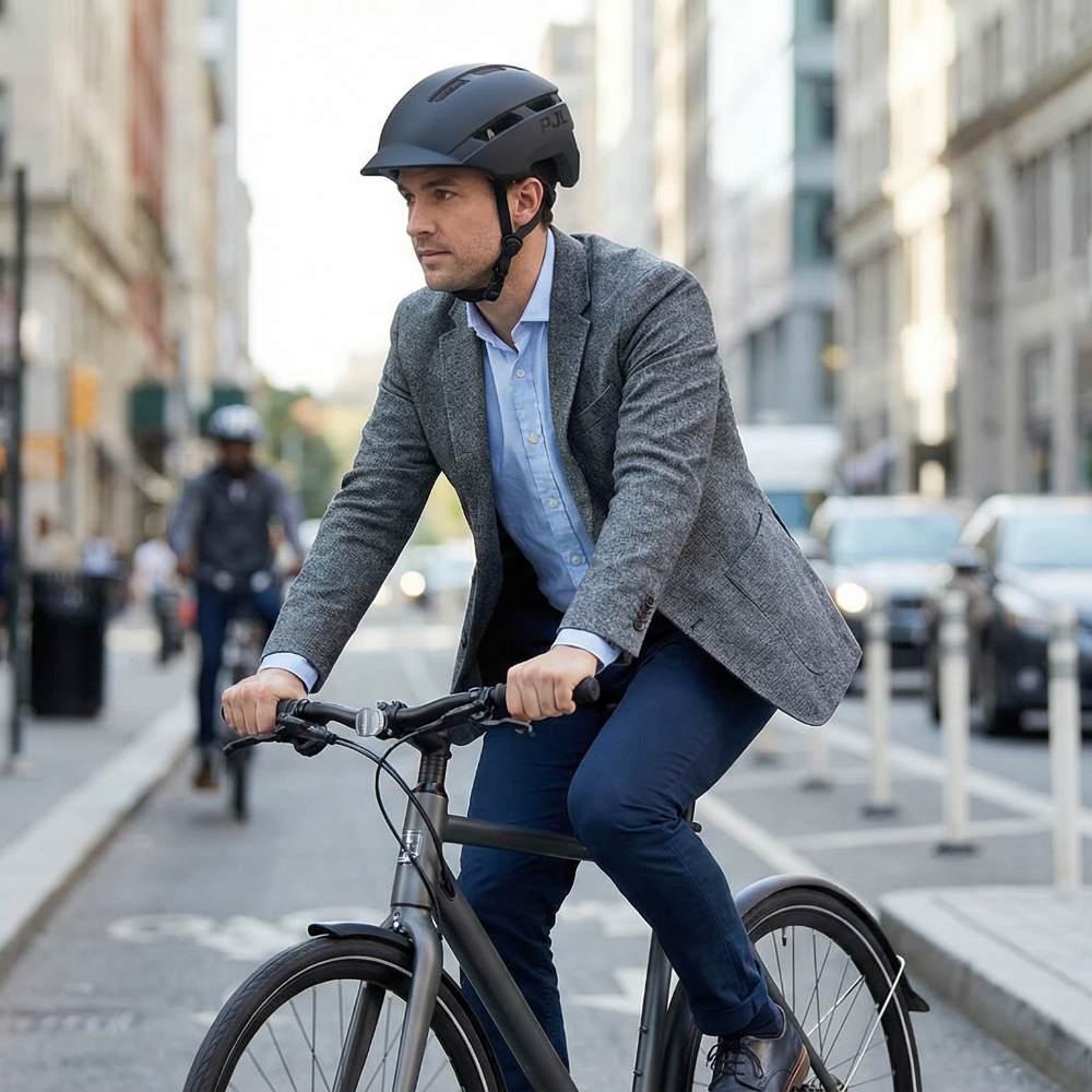Homme à vélo en ville portant le casque urbain noir mat furtif avec une veste de costume grise, illustrant une solution de protection moderne et sobre.