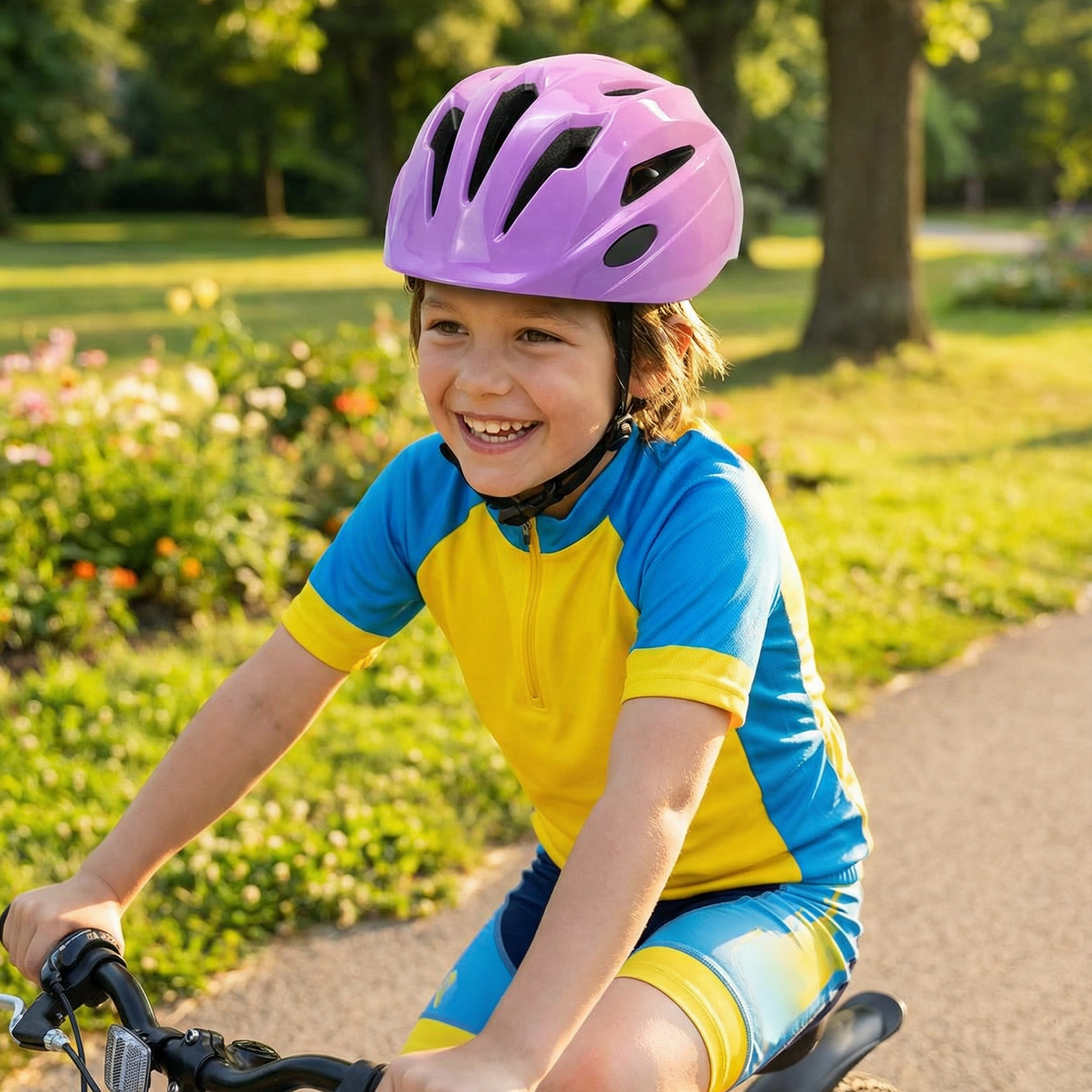Jeune enfant souriant à vélo portant le casque au dégradé violet et rose, illustrant un équipement de protection léger et confortable pour les balades en plein air.