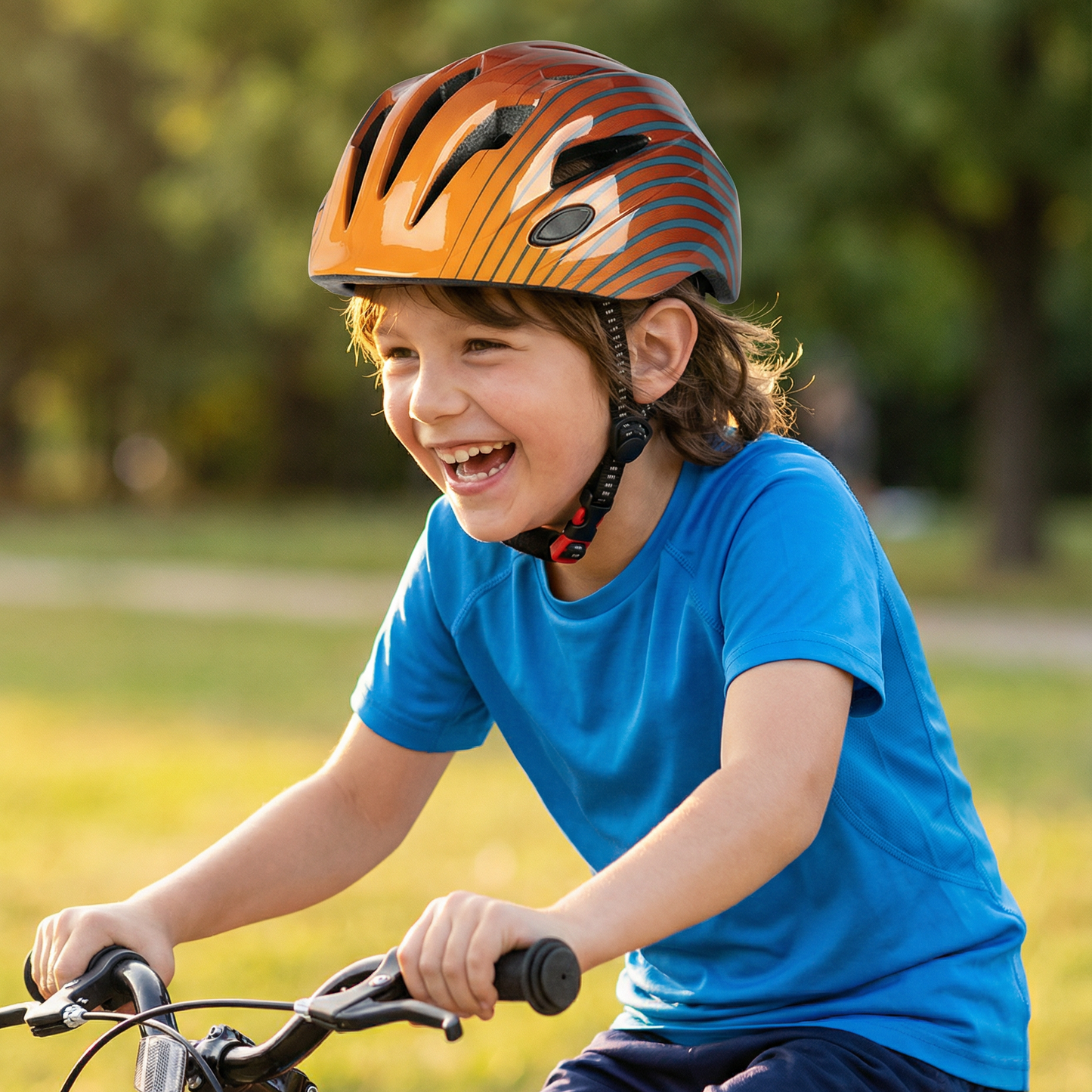 Jeune garçon riant aux éclats sur son vélo, portant le casque orange à rayures bleu-vert, parfaitement ajusté pour une protection optimale lors d'une activité en plein air.