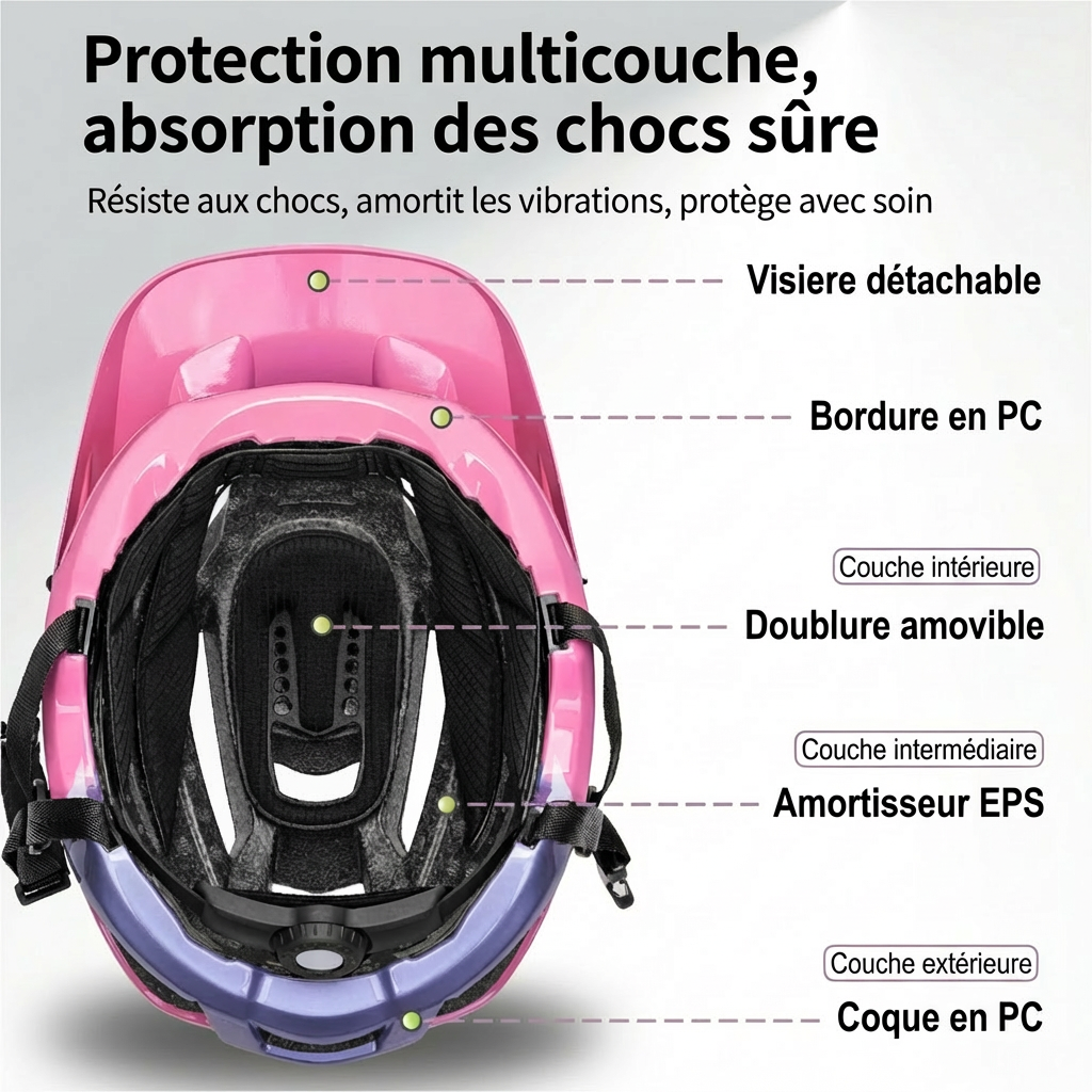 Infographie détaillée de la structure du casque VTT montrant la coque extérieure en PC, l'amortisseur EPS haute densité et la doublure intérieure amovible.