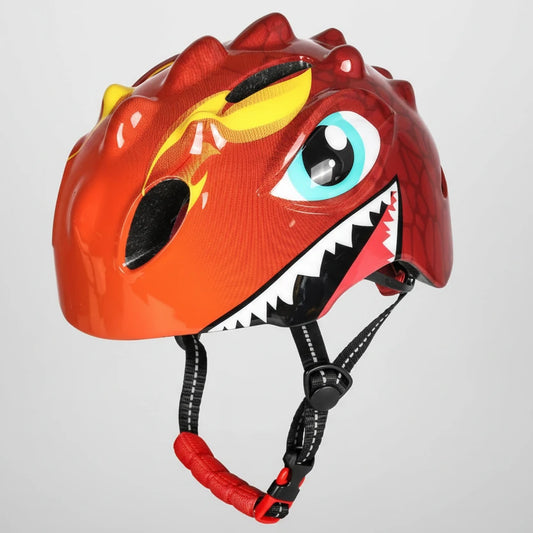 Casque de vélo pour bébé en forme de tête de dinosaure rouge avec crête en relief 3D, illustration d'œil bleu et dents pointues, doté de sangles de sécurité réfléchissantes.