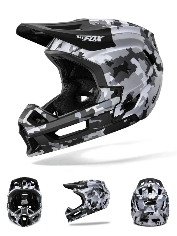 Vue sous trois angles du casque intégral Shadow montrant la protection faciale ventilée, le profil ergonomique et la coque arrière avec aérations pour le freeride.