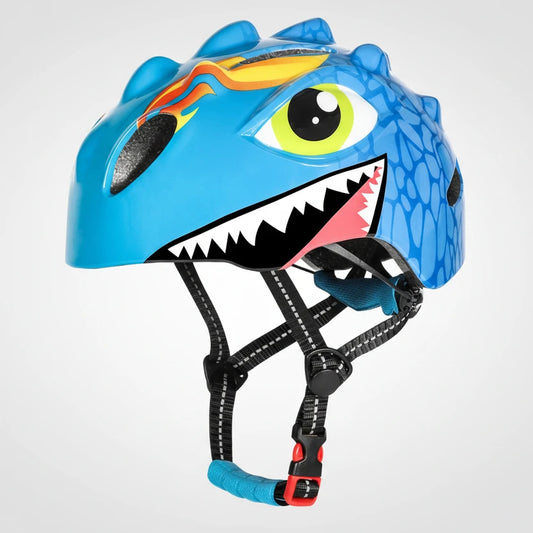 Casque de vélo pour bébé en forme de dinosaure bleu avec crête en relief 3D, illustration d'œil vert et gueule de reptile, doté de sangles de sécurité réglables.