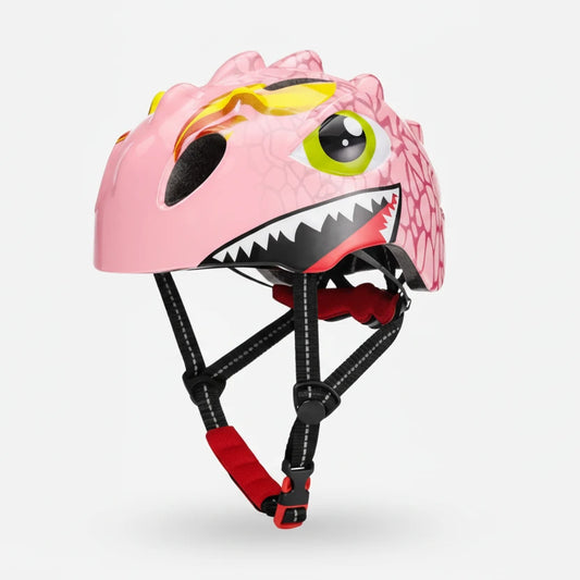 Casque de vélo pour bébé en forme de dinosaure rose avec crête en relief 3D, illustration d'œil vert et gueule de reptile, doté de sangles de sécurité réglables.