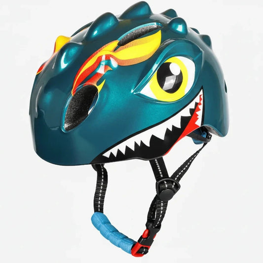 Casque de vélo pour bébé en forme de dinosaure vert brillant avec crête en relief 3D, illustration d'œil jaune et gueule de reptile, équipé de sangles de sécurité réfléchissantes.