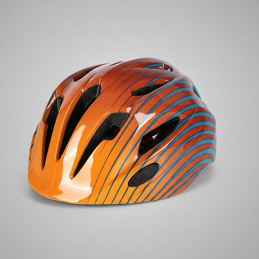 Casque de vélo pour enfant au fini brillant avec un dégradé orange et des rayures courbées bleu-vert, offrant une haute visibilité et une coque multi-aérée.