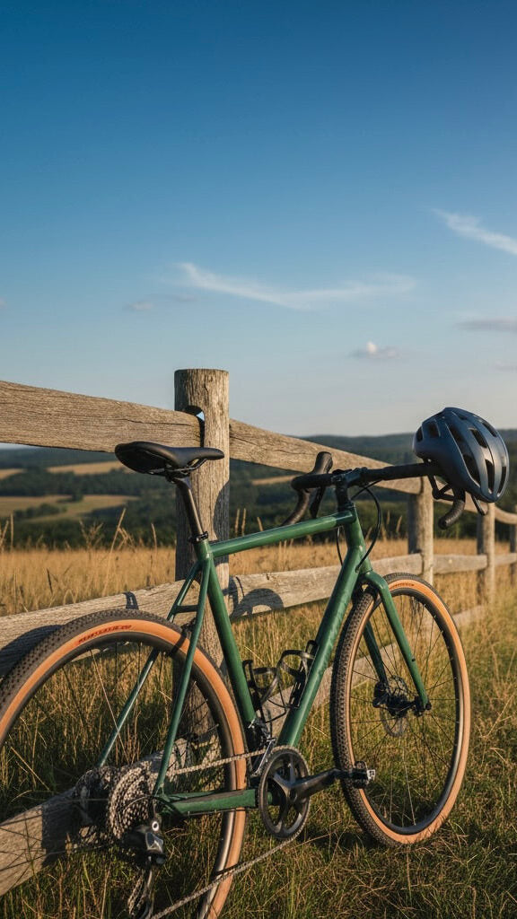 Casque vélo route accroché au guidon d'un vélo de route sur un chemin de campagne.