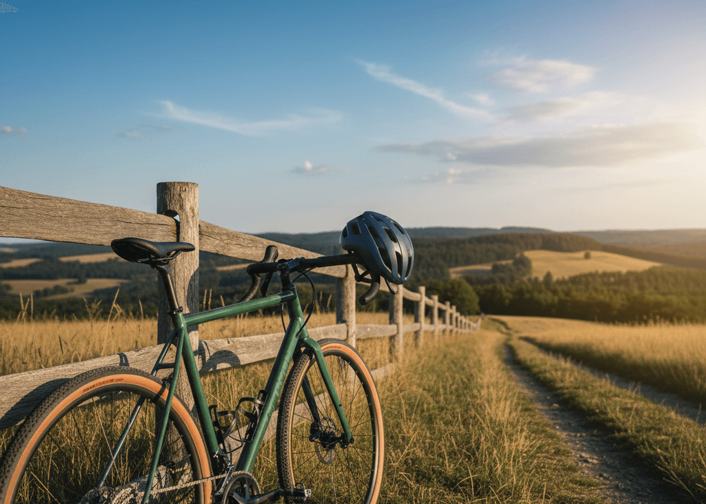 Casque de vélo accroché au guidon d'un vélo route sur un chemin de campagne au coucher du soleil.