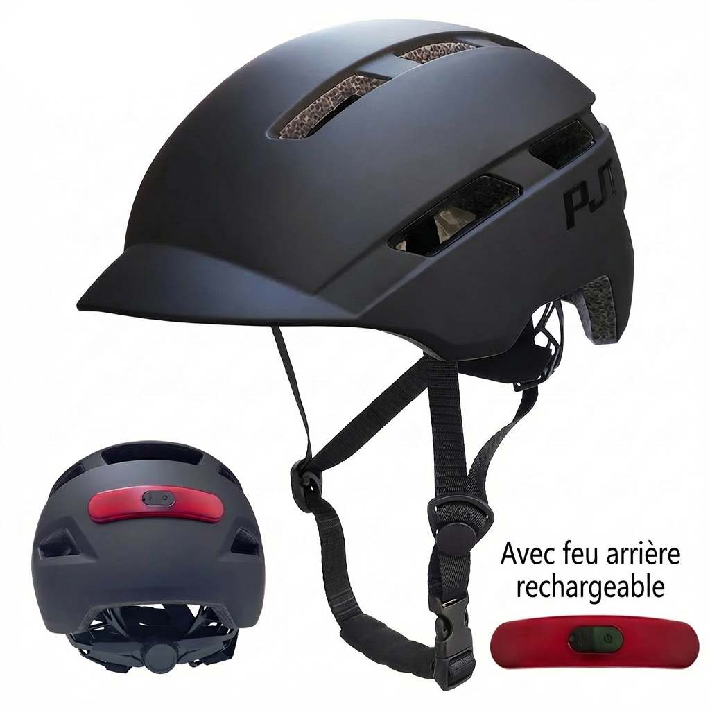 Vue arrière du casque urbain noir mat présentant le feu de sécurité LED rouge rechargeable et le système de réglage rotatif précis pour le confort du cycliste.