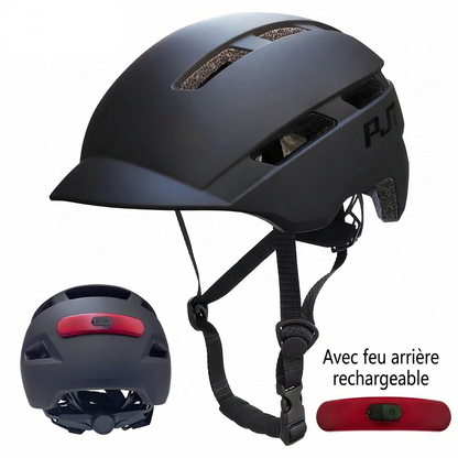 Vue arrière du casque urbain noir mat présentant le feu de sécurité LED rouge rechargeable et le système de réglage rotatif précis pour le confort du cycliste.