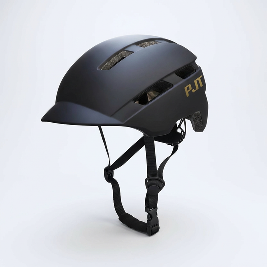 Casque de vélo urbain noir mat avec logo "PJT" doré, design élégant et minimaliste pour le vélotaf avec visière intégrée et finitions haute qualité.
