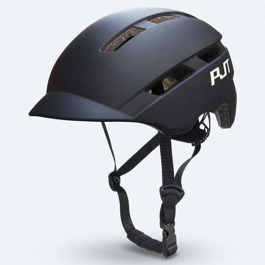 Casque de vélo urbain au fini noir mat premium, design minimaliste et épuré avec visière intégrée, logos PJT blancs et sangles de fixation ajustables.