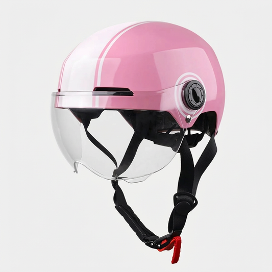 Casque de vélo vintage rose brillant avec double bande blanche, équipé d'une visière de protection transparente et d'une jugulaire noire.