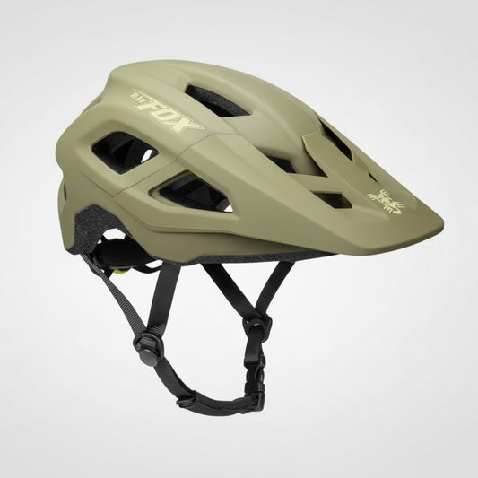 Détail de profil du casque VTT baroudeur kaki mat avec sangles de fixation noires ajustables et structure renforcée pour la sécurité.