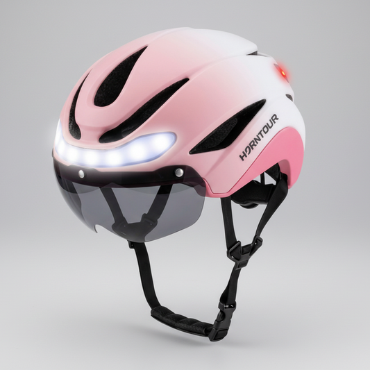 casque vélo avec lumière rose et blanc vue de 3/4