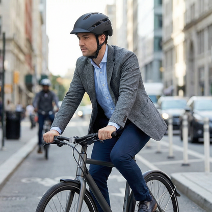 Homme à vélo en ville portant le casque urbain noir mat furtif avec une veste de costume grise, illustrant une solution de protection moderne et sobre.